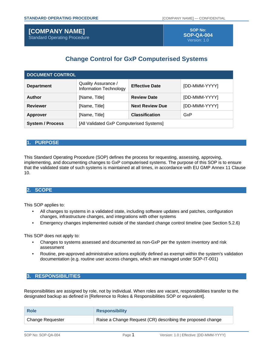 Page 1 of SOP-QA-004, Change Control for GxP Computerised Systems, showing the title banner, document control table, purpose, and scope